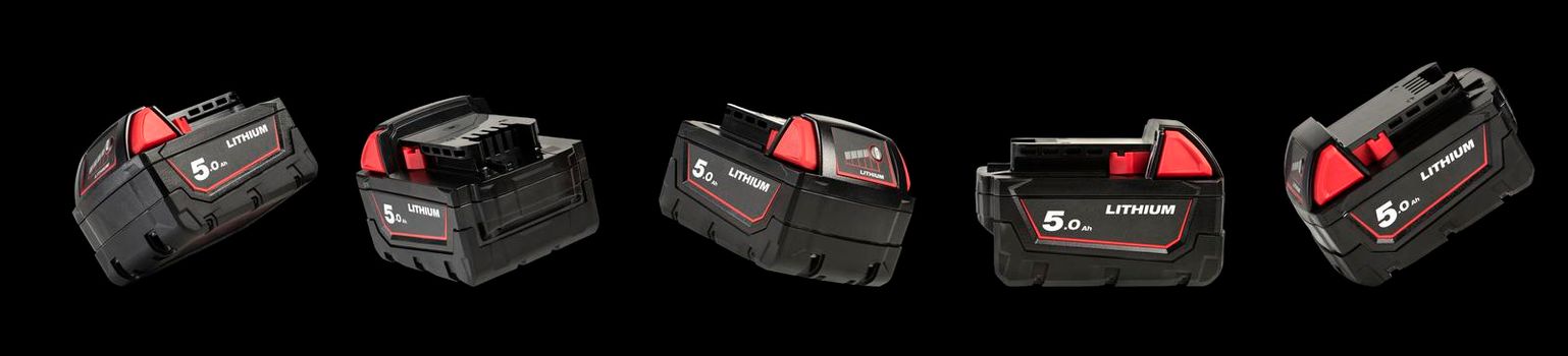 Battery for cordless tool. High capacity batteries for screwdriver. Batteries with a charge indicator on a black isolated background.