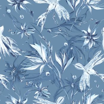 Elegant texture with flowers and birds on indigo background for textile and wallpaper design