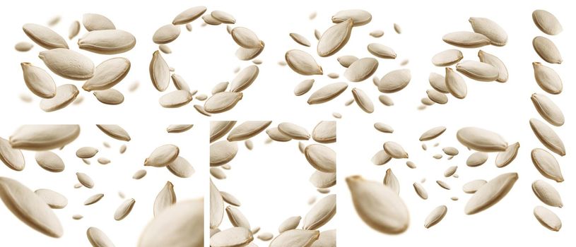 A set of photos. Pumpkin seeds levitate on a white background.