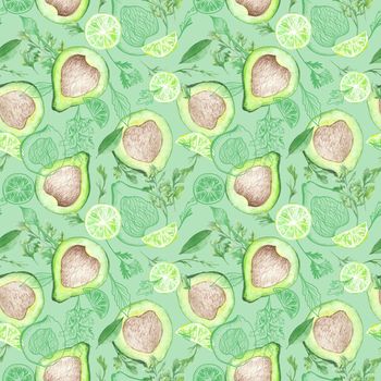 Healthy eat superfood hand painted background with avocado, lime and herbs