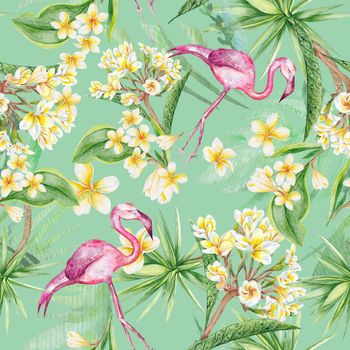 Exotic print with hand-painted watercolor plants and birds