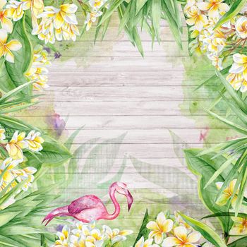 Plants botanic frame with plumeria flowers and yucca tree