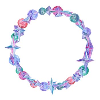 Circle wreath made of crystals and planets on white background