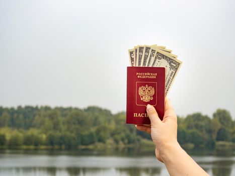 A foreign passport and dollars in your hand, against the background of nature. Filmed outdoors.