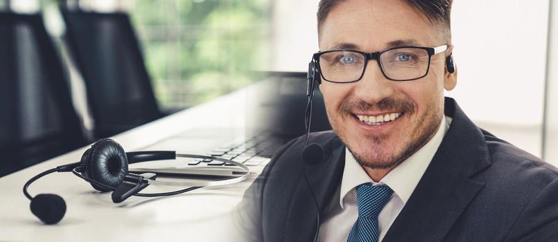 Business people wearing headset working in office to support remote customer or colleague. Call center, telemarketing, customer support agent provide service in broaden view .