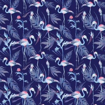 Seamless Watercolor texture with exotic plants, palm leaves and trendy flamingo bird on dark blue background for textile and paper design