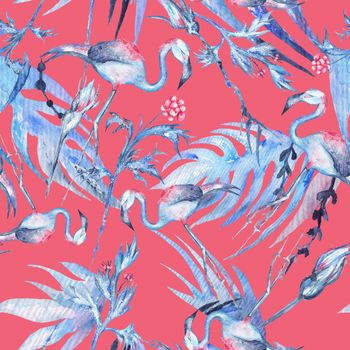 Seamless texture with exotic plants, palm leaves and trendy flamingo bird pink background for textile and paper design