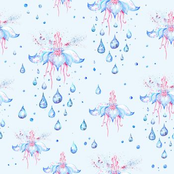 Watercolor seamless texture with lotus, water drops and color splash on blue background