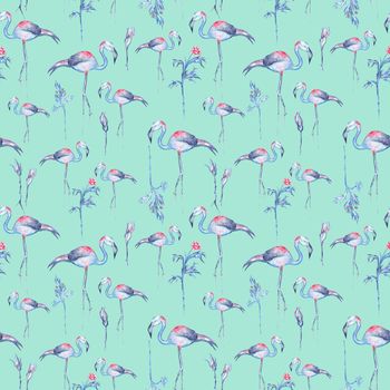 Seamless Watercolor texture with exotic plants, palm leaves and trendy flamingo bird on soft green background for textile and paper design