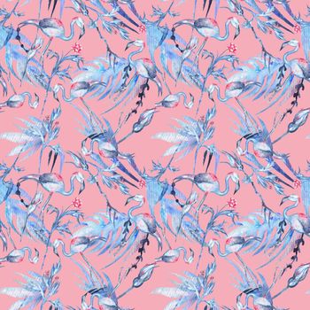 Seamless texture with exotic plants, palm leaves and trendy flamingo bird pink background for textile and paper design