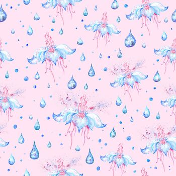 Watercolor seamless texture with lotus, water drops and color splash on pink background