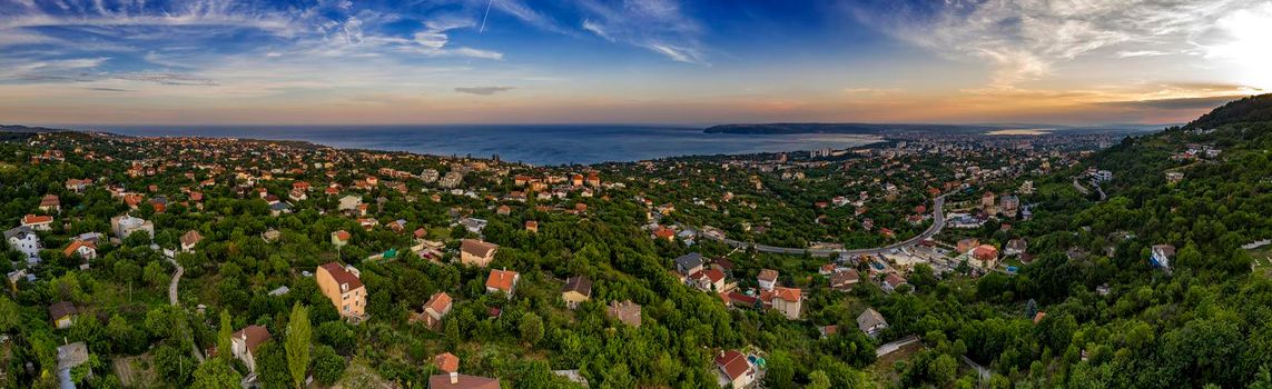 Amazing aerial panoramic view of suburbs and coast and Varna city, Bulgaria. Day view