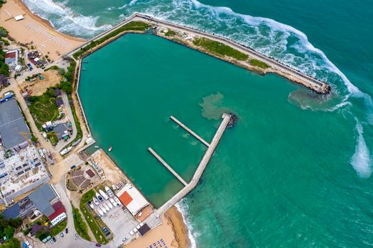 Aerial drone bird's eye view photo of yacht harbor with calm waters, Golden Sands, Bulgaria