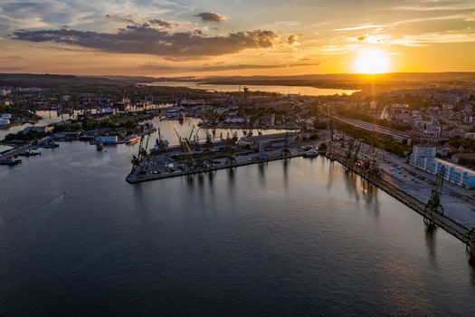 Beauty aerial drone view of the sea port and industrial harbor zone in Varna, Bulgaria  