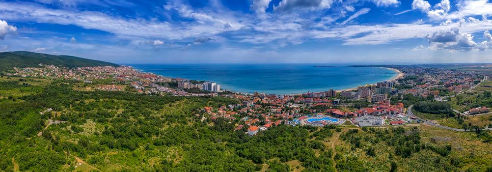 Amazing aerial panorama drone view of bay Sunny Beach, Nessebar, and Sveti Vlas, Bulgaria