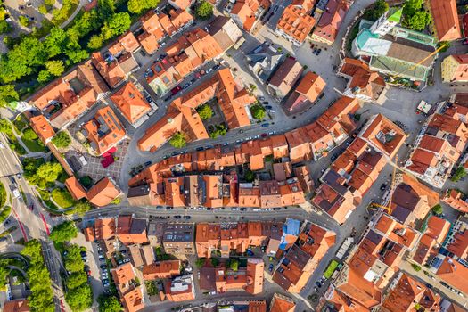 WANGEN IM ALLGAU, GERMANY - July 21.2019: Aerial view from drone to the ancient historic medieval old town
