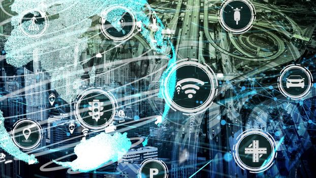 Smart transport technology concept for future car traffic on newish city road . Virtual intelligent system makes digital information analysis to connect data of vehicle on city street .