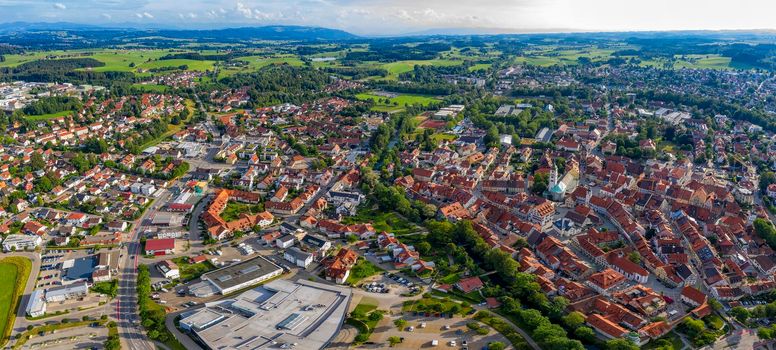 WANGEN IM ALLGAU, GERMANY - July 21.2019: Panoramic aerial view from drone to the ancient historical medieval old town. Wangen, Germany