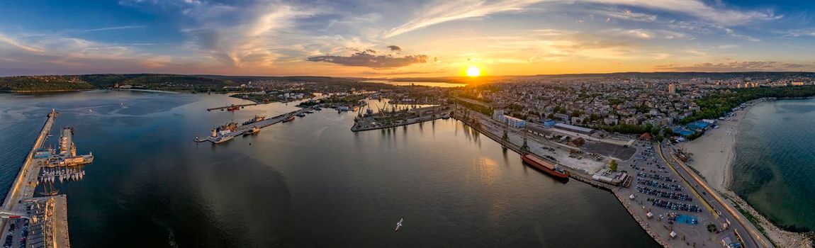 Amazing aerial panorama drone view of Varna city, Bulgaria.