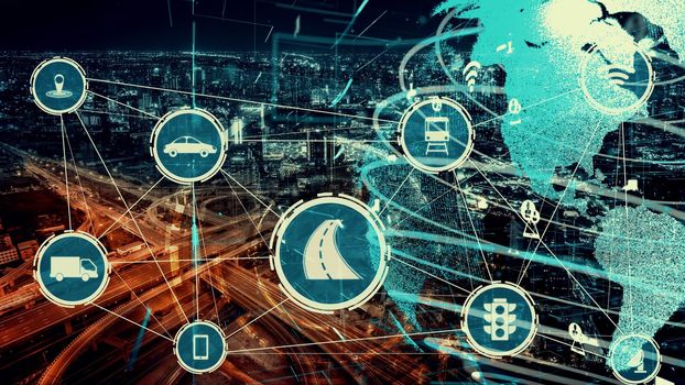 Smart transport technology concept for future car traffic on newish city road . Virtual intelligent system makes digital information analysis to connect data of vehicle on city street .