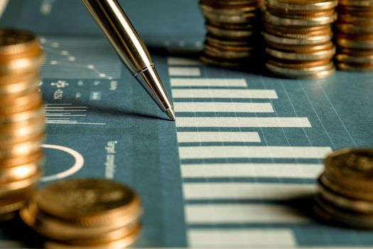 Pile of gold coins stack in finance treasury deposit bank account for saving . Concept of corporate business economy and financial growth by investment in valuable asset to gain cash revenue profit .