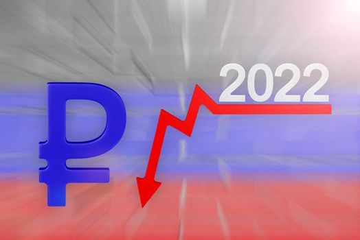 Sanctions and crisis 2022 in Russia. Company quarterly or annual reports. Economic downturn on the chart. Chart arrow pointing down against falling chart and ruble symbol.