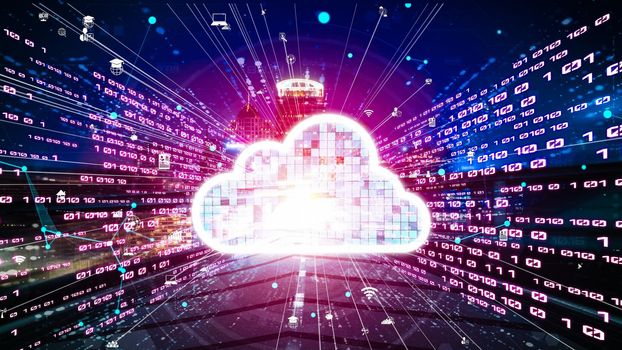 Cloud computer and online data storage with tacit intelligent sharing software . Concept of smart digital transformation and technology disruption that changes global trends in new information era .