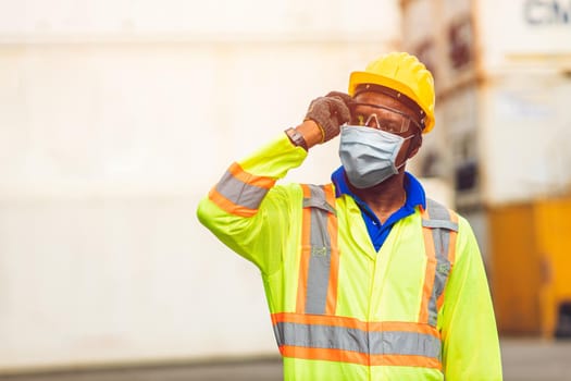 Worker wear disposable face mask for protection Corona Virus Spreading and Smoke dust air pollution filter in cargo port shipping industry.