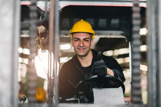 Caucasian russian worker happy smiling and driving forklift car in cargo logistic shipping industry factory or warehouse.