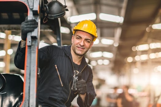 Portrait of caucasian worker happy smiling hand thumbs up for good working at cargo logistic shipping industry factory or warehouse workplace.