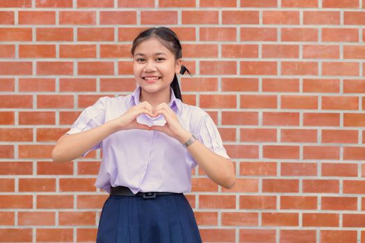 Asian Student Hand Love Heart Sign Gesture Portrait Happy Smiling.