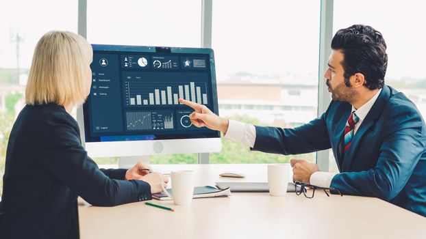 Business data dashboard analysis by ingenious computer software . Investment application display business sales and profit on the computer screen and advise marketing planning decision .