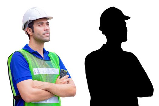 engineer industry worker male standing arm crossed half body isolated on white background with alpha channel shadow.