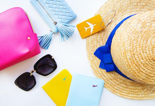 Preparation for vacation - hat, glasses, passport, cosmetic bag, purse Close-up