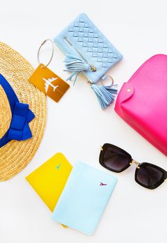 Preparation for vacation - hat, glasses, passport, cosmetic bag, purse Close-up