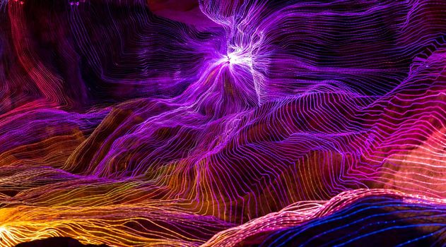 Abstract wave of digital weave lines connecting network dots and dark background . Modern 3D mesh pattern design geometric showing futuristic computer science technology concepts .