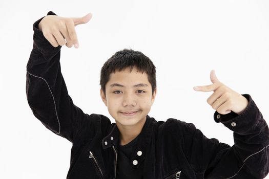 Closeup Asian teen boy teenager dancing hiphop. Kids enjoy dance hand rising greeting happy smile funny isolated on white background.