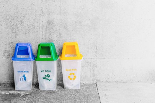 General Waste blue Wet Garbage green and Recycle Waste Yellow trash bin with space for text.