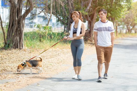 People couple walking with friendly pet beagle dog modern family morning activity for healthy.
