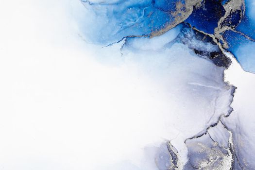 Blue silver abstract background of marble liquid ink art painting on paper . Image of original artwork watercolor alcohol ink paint on high quality paper texture .