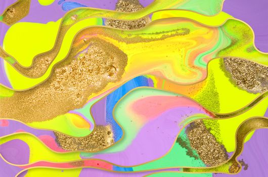 Gold dust and waves on fluorescent inks background