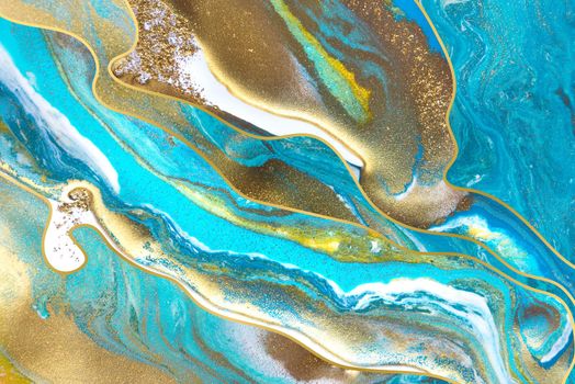 Streams of liquid blue, white and gold ink curls. Waves of fluid turquoise and golden waves