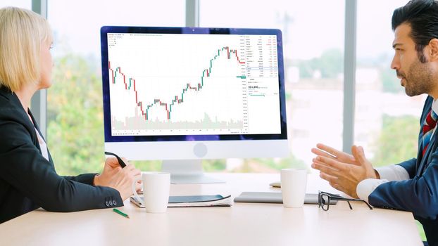 Stock market data chart analysis by ingenious computer software . Investment application display stock market chart on the computer screen and advise trading decision .