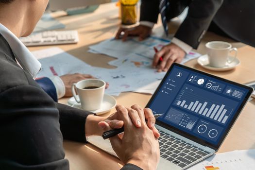 Business data dashboard analysis by ingenious computer software . Investment application display business sales and profit on the computer screen and advise marketing planning decision .