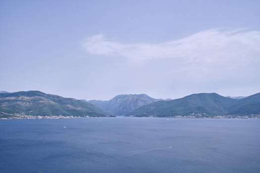 Panoramic view of the sea and mountains in Montenegro on a sunny day