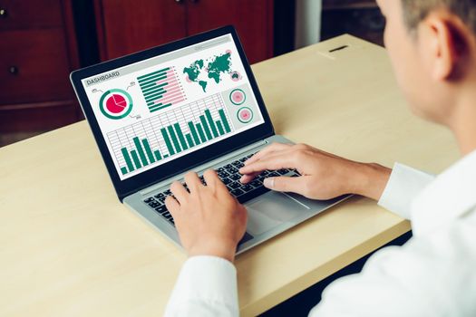 Business data dashboard analysis by ingenious computer software . Investment application display business sales and profit on the computer screen and advise marketing planning decision .
