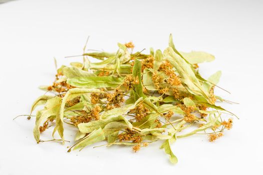 A heap of dried linden tea flowers over the white background. Alternative herbal medicine. Immune boosting medicinal tea prepared from dried tilia leaves and flowers