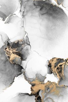 Black gold abstract background of marble liquid ink art painting on paper . Image of original artwork watercolor alcohol ink paint on high quality paper texture .
