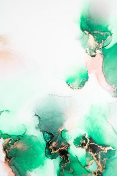 Green gold abstract background of marble liquid ink art painting on paper . Image of original artwork watercolor alcohol ink paint on high quality paper texture .