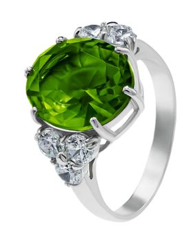 Silver ring with emerald isolated on white. High quality photo